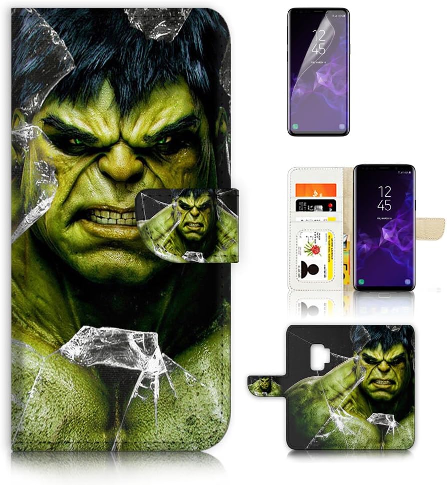 (For Samsung Galaxy S9) Flip Wallet Case Cover & Screen Protector Bundle - A4065 Super Hero Hulk