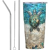 FyLybois Sea Turtle Tumbler with Lid and Straw 20 oz Travel Coffee Mug Double Walled Vacuum Insulated Cup LeakProof for Hot and Cold Drinks