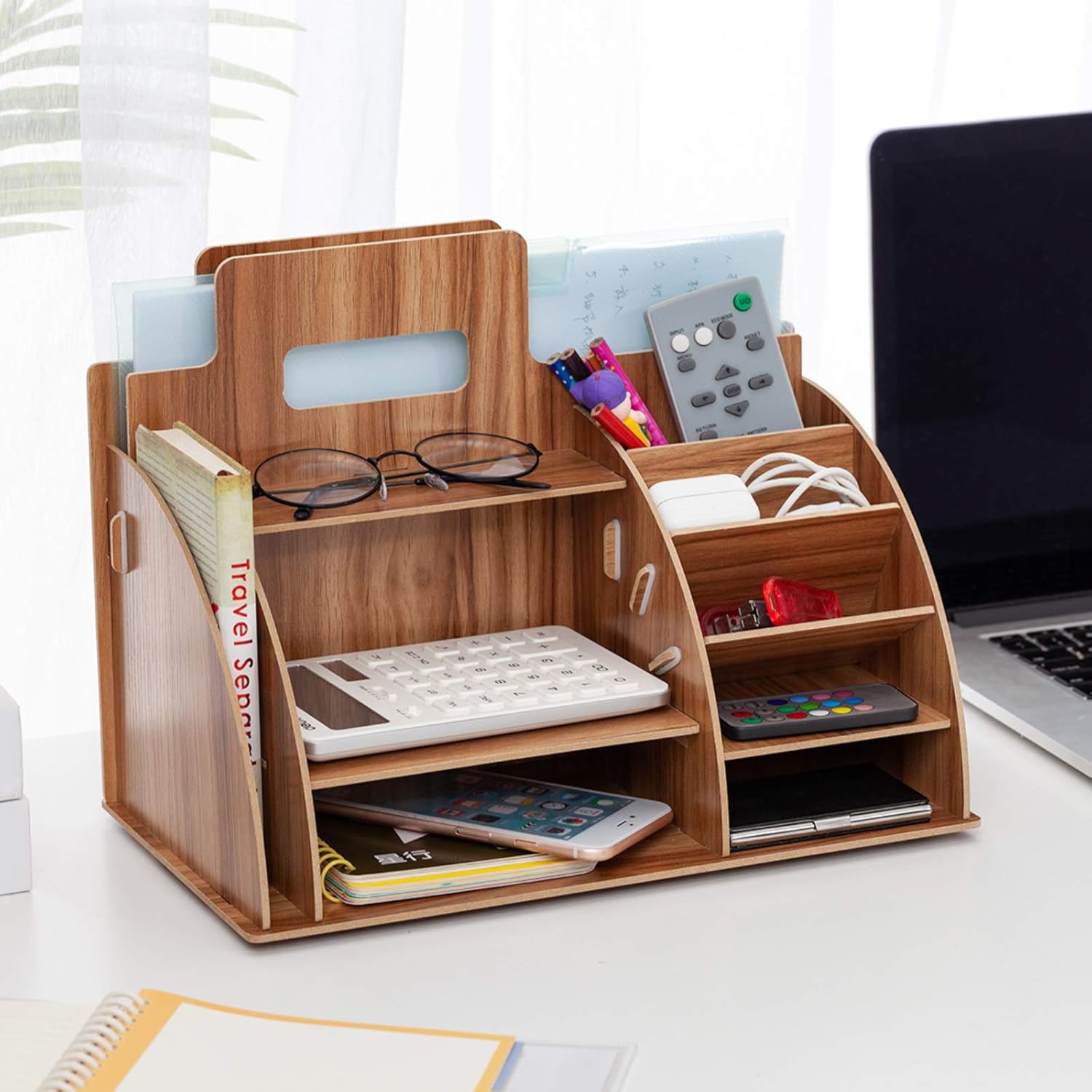 Wood Desk Stationary Organizer and Accessories, Multi-Functional Desktop Organizer, Large Capacity Pen Organizer File Holder with 10 Compartments for Office, School, Home Supplies Organization: Home Improvement