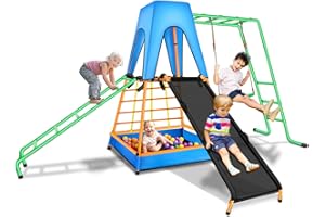 SPIDERCAMP Outdoor Climbing Toys for Kids Swing Sets for Backyard, All-in-One Kids Outdoor Play Equipment with Swings, Slide, Climbing Ladder, Ball Pit and Roof, Outdoor Playset.