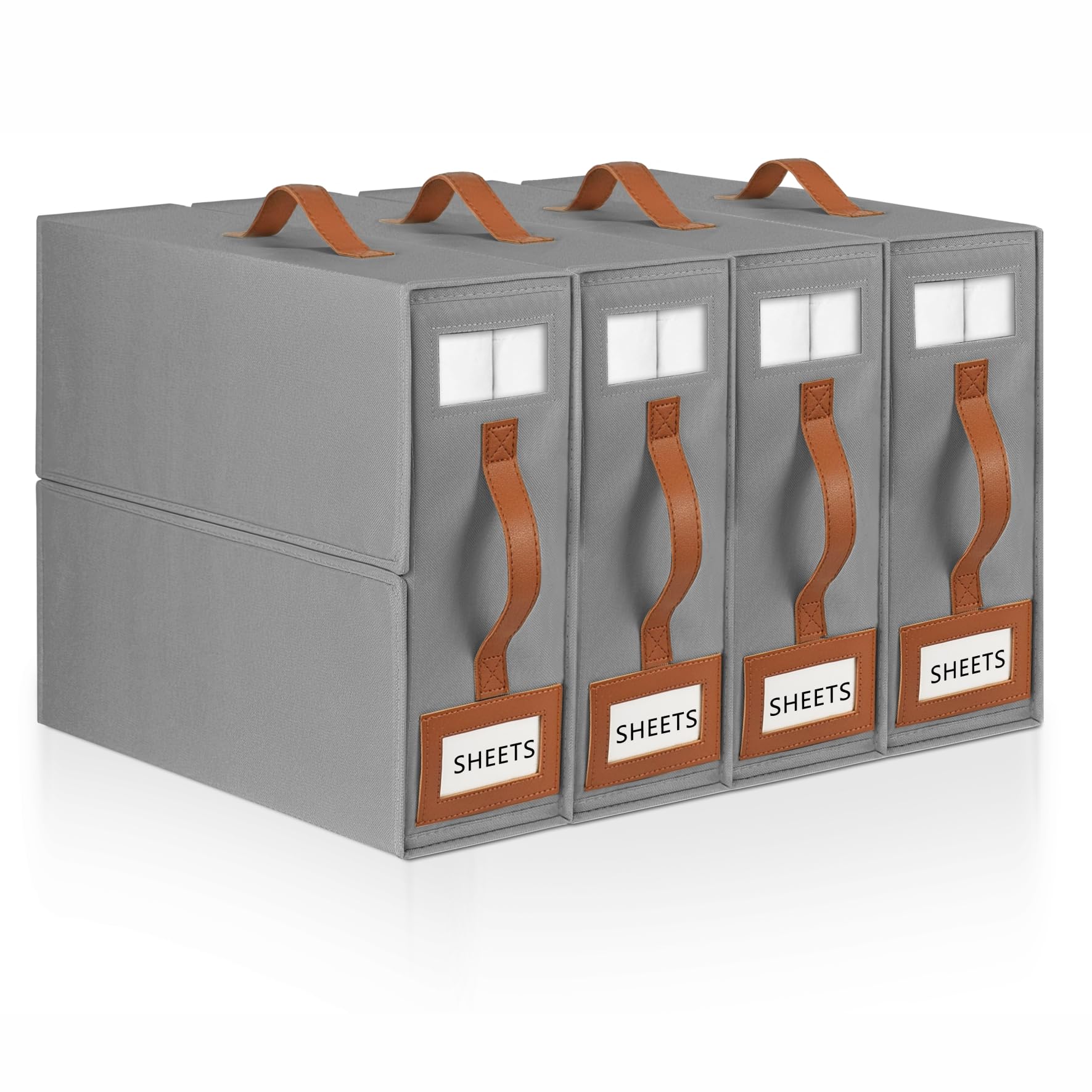 BOSNONA Bed Sheet Organiser 4 Pack Grey Bedding Storage Box Foldable King Size Bed Sheet Organiser Boxes with Zip for Bedsheets, Pillow Cases, Clothes (Grey, 4 Pack)