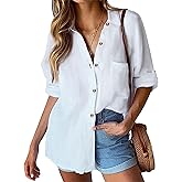 HOTOUCH Womens Linen Button Down Shirt Casual Long Sleeve Cotton Blouse Loose Fit Collared Work Gauze Tops with Pocket