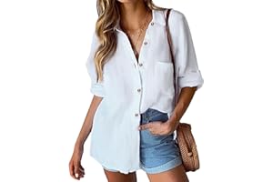 HOTOUCH Womens Cotton Button Down Shirt Casual Long Sleeve Loose Fit Collared Linen Work Blouse Tops with Pocket