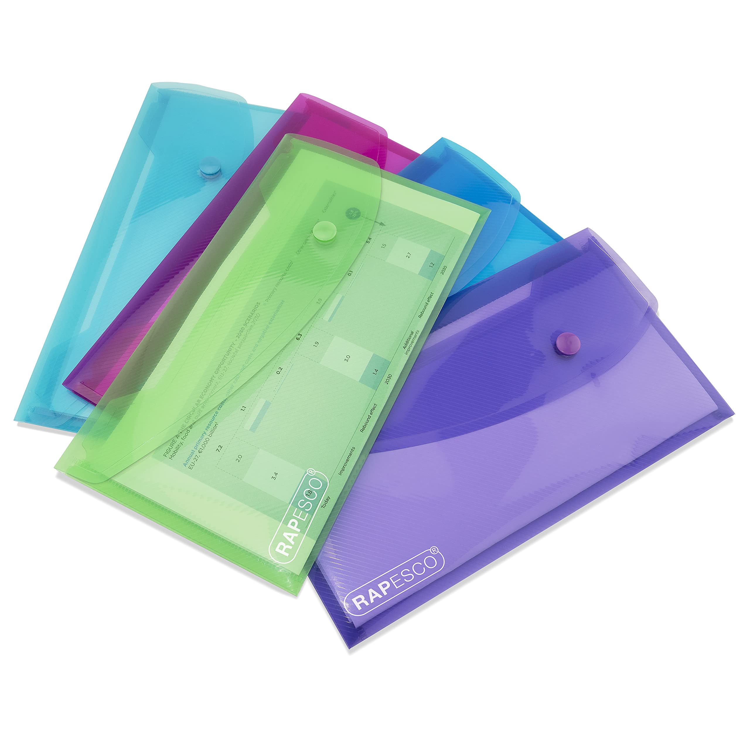 Rapesco 0690 ECO Recycled Popper Wallets, DL, Assorted Bright Transparent Colours, Pack of 5