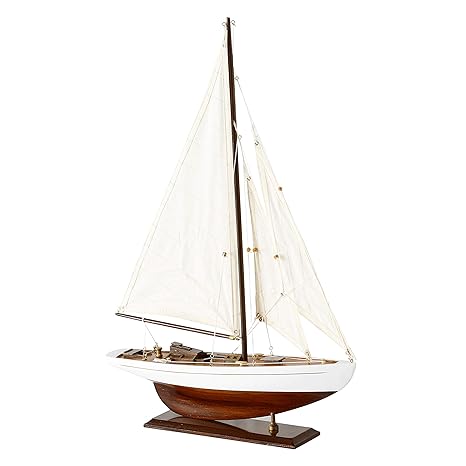 MC Trend Segelboot mit Standfuß Endeavour Yacht-Modell Boot Schiff aus edlem Holz braun/weiß Baumwoll-Segel maritim Deko L42c