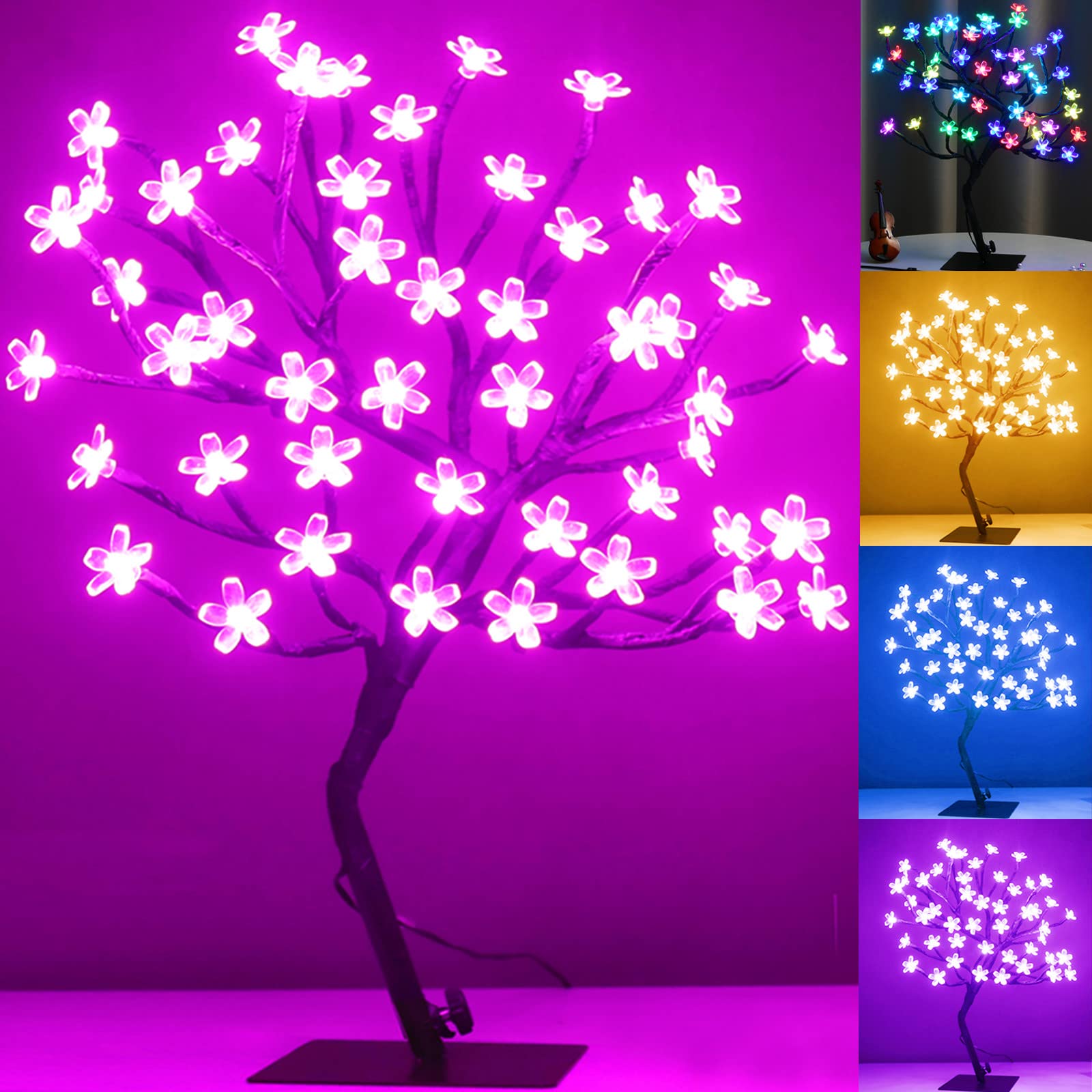 Photo 1 of Pooqla 18 Inch 48 LED RGB Cherry Blossom Tree Light with Remote 16 Color-Changing LED Artificial Flower Bonsai Tree Table Top Lamp Home Lit Tree Centerpieces Christmas Decor
