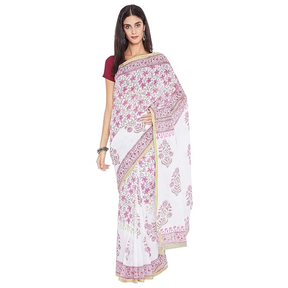 Finest Quality Cotton - Handblock printed Pink and White - Mughal motifs Saree with Blouse Piece BHKPSA0022