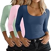 Ficerd 3 Pack Women's 3/4 Sleeve Shirts, Scoop Neck Slim Fit Tops Soft U Neck Knit Fitted Basic Tees Blouses