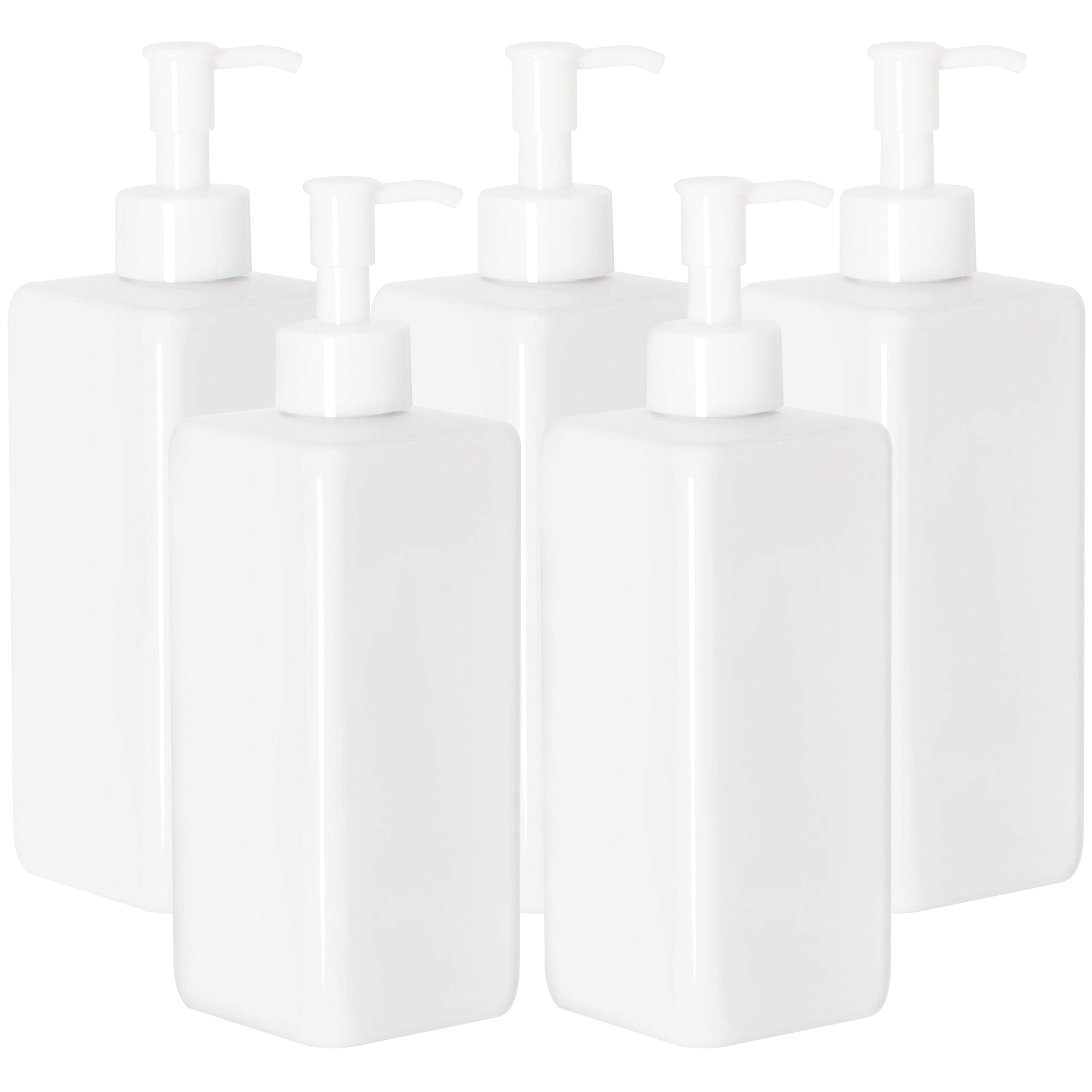 Youngever 5 Pack 500ML Plastic Pump Bottles, Refillable Square Plastic Pump Bottles for Dispensing Lotions, Shampoos and More (White)