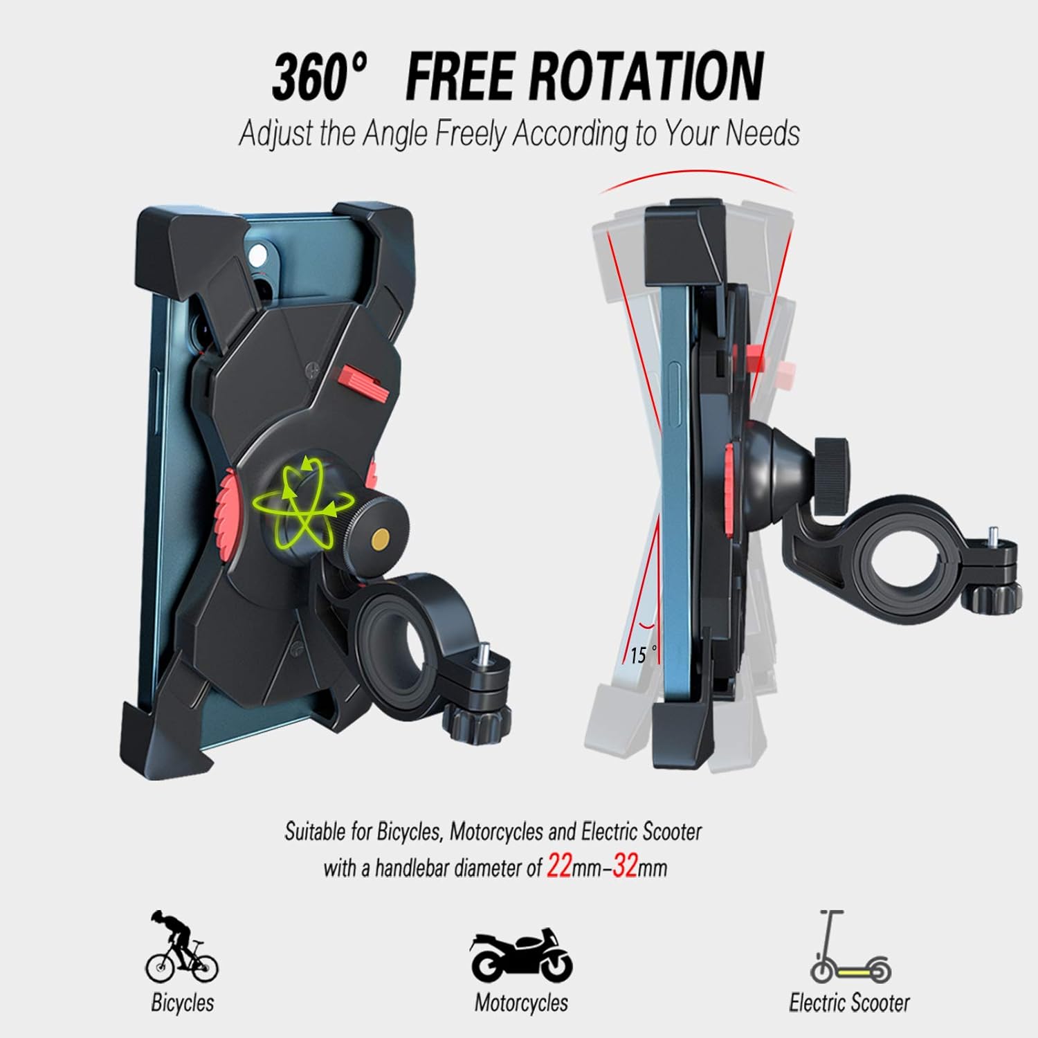 Grefay Bike Phone Holder Motorcycle Handlebar Phone Holder Scooter Phone Mount with 360° Rotation for 3.5-6.5 inch Smartphone