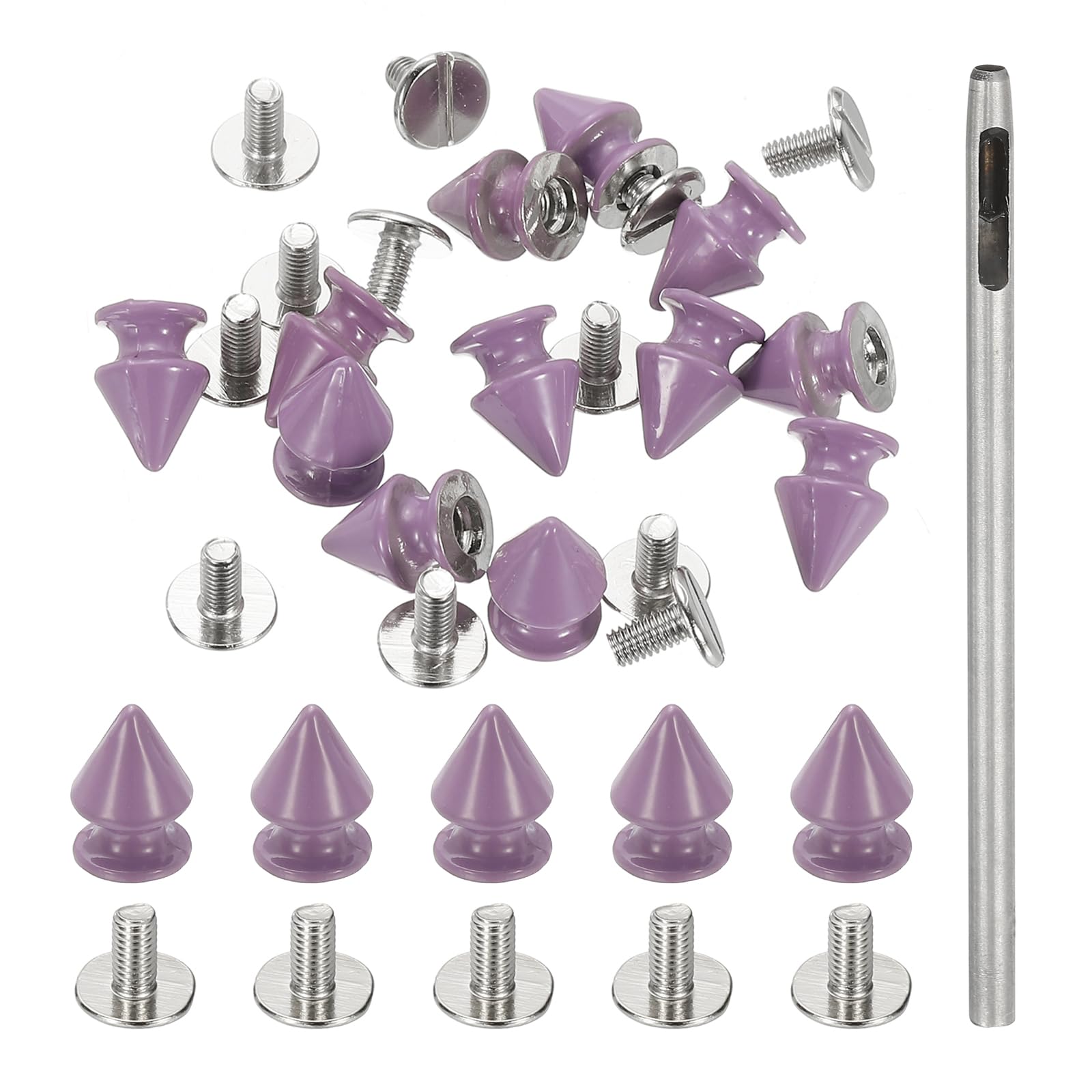 PATIKIL 12mm Studs for Clothing, 24 Sets Spikes for Clothes Studs and Spikes Leather Rivets Metal Cone Punk Spikes Screw Posts with Hole Puncher for Leather Jacket Fabric, Light Purple