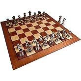 Hayes Inlaid Maple, Mahogany, and Sapele Wood Chess Board with Metal Pieces, 2.5 Inch King, and Extra Queens (Large 15 x 15 Inch Set)