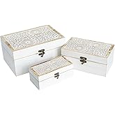 JUMBO HUMBLE Set of 3 Decorative Wooden Boxes, Rustic Farmhouse Keepsake Box Decorative Boxes with Hinged Lid and Floral Carved Design, Wood Storage Box for Home Decor, White