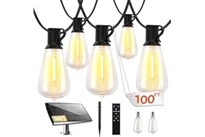 Bdrofn 100FT Solar String Lights Outdoor Waterproof, Solar Patio Lights with Remote Control & 30+2 Dimmable ST38 Edison Bulbs Shatterproof,Solar Powered String Lights for Outside Garden Backyard