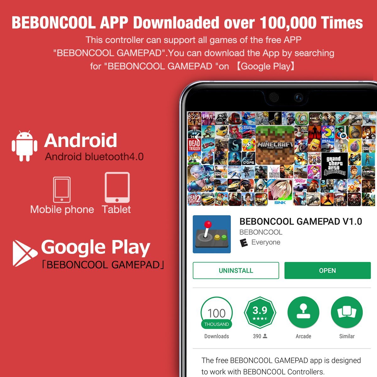 BEBONCOOL Wireless Game Controller, Android Controller Works with Bluetooth, Android Gamepad Supports Samsung Gear VR/Android Phone/Tablet/TV Box/Emulator with Clip