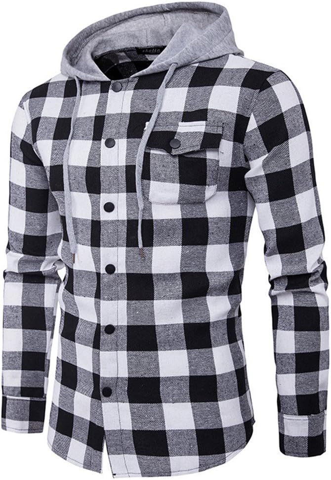 Kalanman Men's Classic Plaid Checkered Long Sleeve Button Down Shirt Hoodie