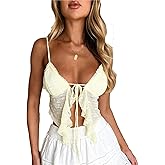 Women's Sexy Lace Up Padded Camisoles Spaghetti Straps V-Neck Ruffle Crop Tops Y2K Cami Shirt Streetwear