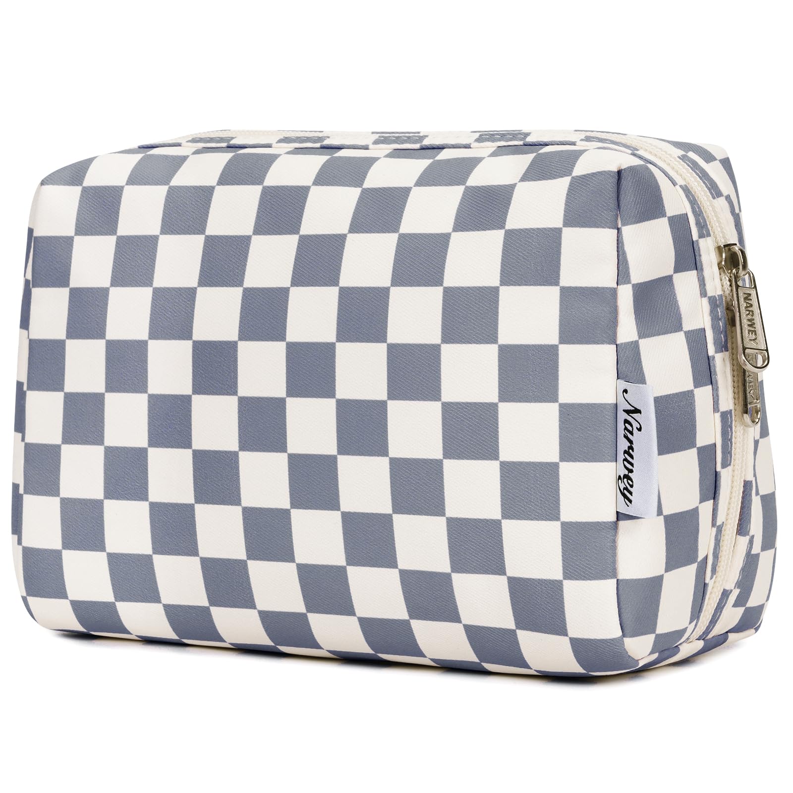 Large Makeup Bag Zipper Pouch Travel Cosmetic Organizer for Women (Greyish Blue Checkerboard, Large) — image 1