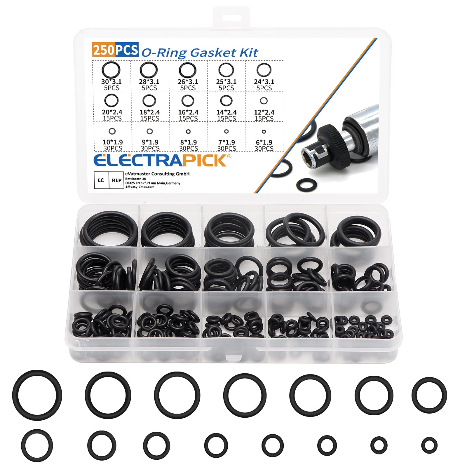 ELECTRAPICK 250Pcs O-Ring Gasket Kit, 15 Sizes Rubber Washers Seals Assortment Set, Electrical Gasket Ring for Plumbing Washer Seal & Auto Quick Repai