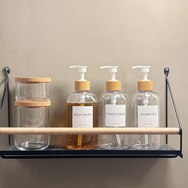 SHAMPOO AND CONDITIONER DISPENSER, REFILLABLE PLASTIC SHAMPOO PUMP BOTTLES WITH WATERPROOF LABELS, EMPTY BODY WASH DISPENSER SET FOR BATHROOM, SHOWER SOAP BOTTLES (CLEAR, SET OF 3, 16.9OZ)
