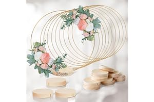 GUDELAK 25Pcs 12 Inch Floral Hoop Centerpiece Table Decorations, Metal Gold Center Pieces Decoration for Table with Wood Round Base, Table Centerpieces for DIY Wedding Decor Wall Hanging Crafts