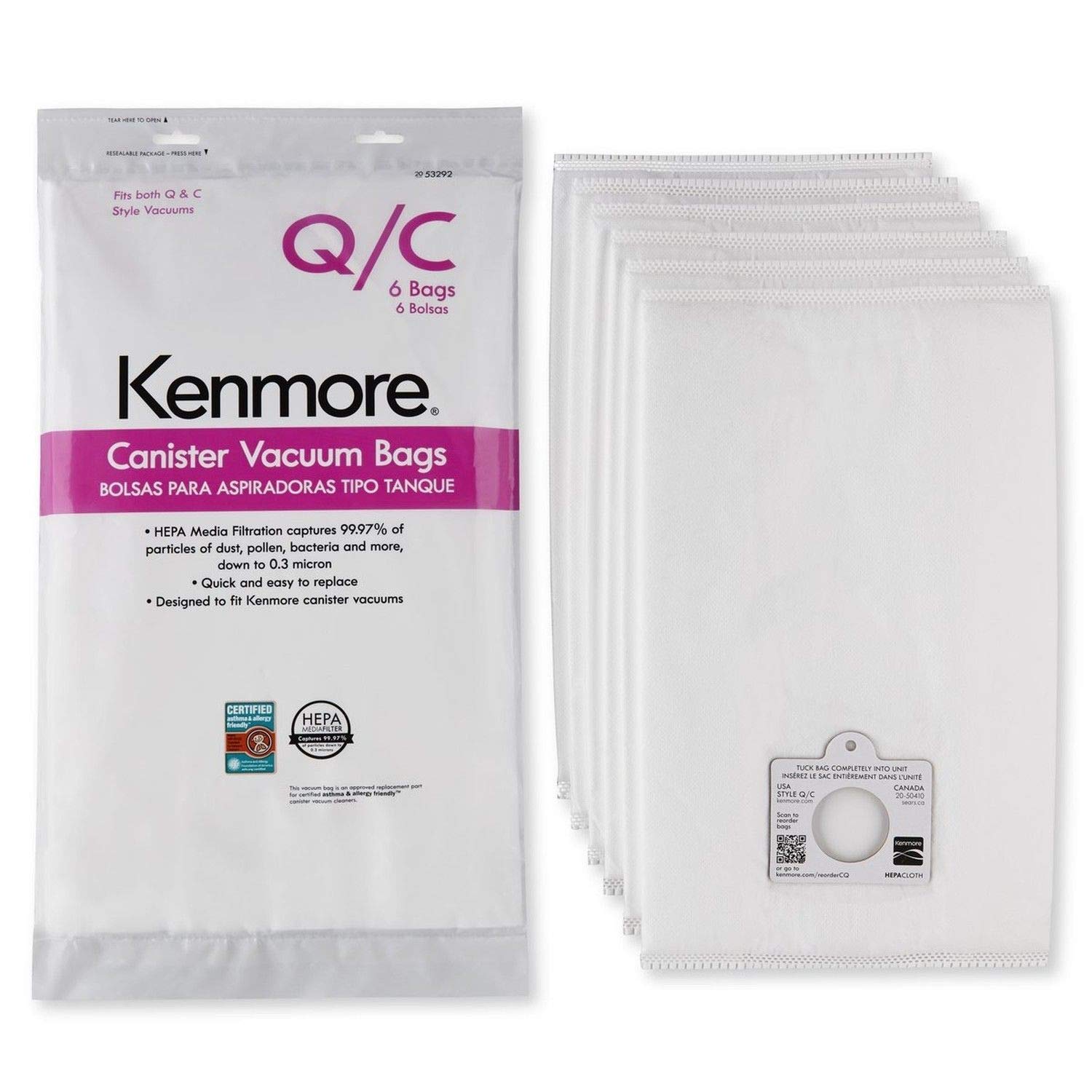 Amazon.com - Kenmore Type Q/C Vacuum Bags Hepa for Canister Vacuums 6 Pk  Media Filtration Synthetic -