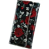 Kaabao Womens Wallet Leather RFID Blocking Trifold Ladies Purse long Clutch Credit Card Holder Phone Checkbook Organizer (Red Roses)