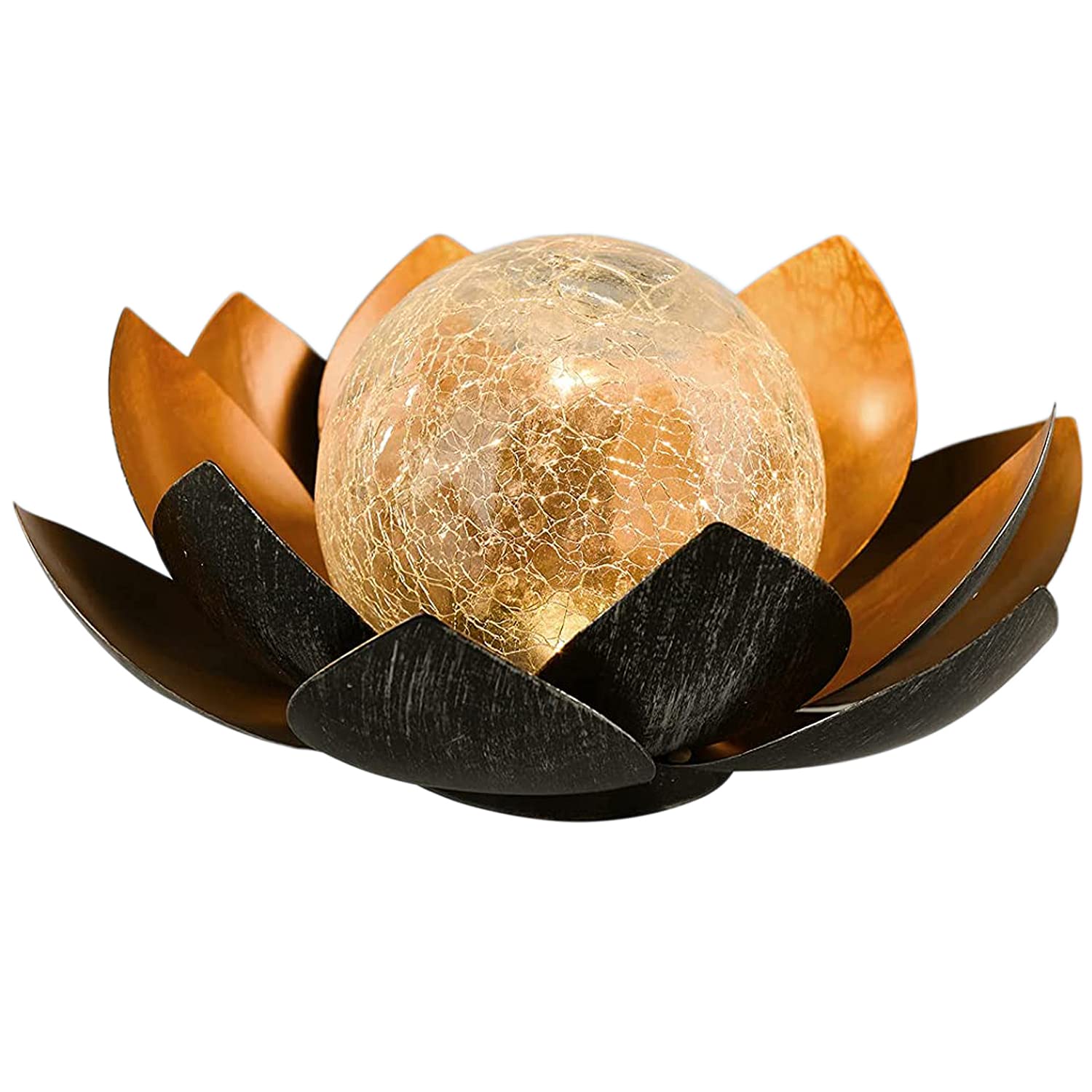SUAVER LED Solar Lotus Light Cracked Glass Ball Flower Lamp Outdoor Garden Decor Lights,Solar Garden Light Metal Lantern Water Lily LED Landscape Lights Outdoor Table Lamp (Orange)