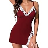 Girece Lingerie for Women Sexy Night Gowns Lace Trim Sleep Dress V Neck Babydoll Chemise Dress Side Split Nighty