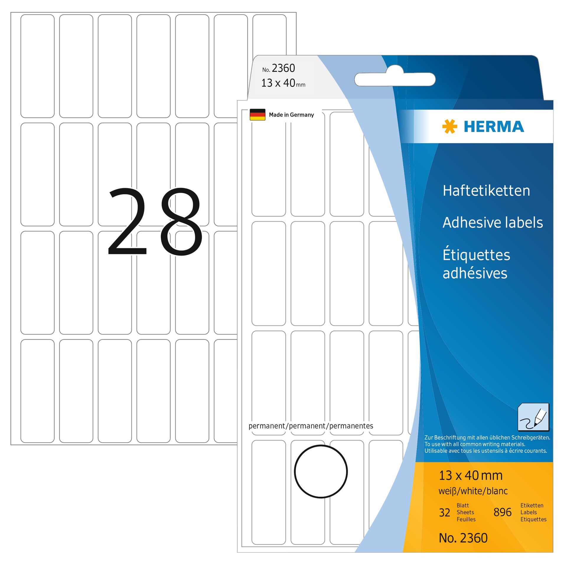 HERMA Multi Purpose Labels, 28 Labels per Sheet, 32 Sheets, 13 x 40 mm, 896 Labels, Self Adhesive Small Labels Stickers, Blank Sticky Labels for Office Kitchen Home, White