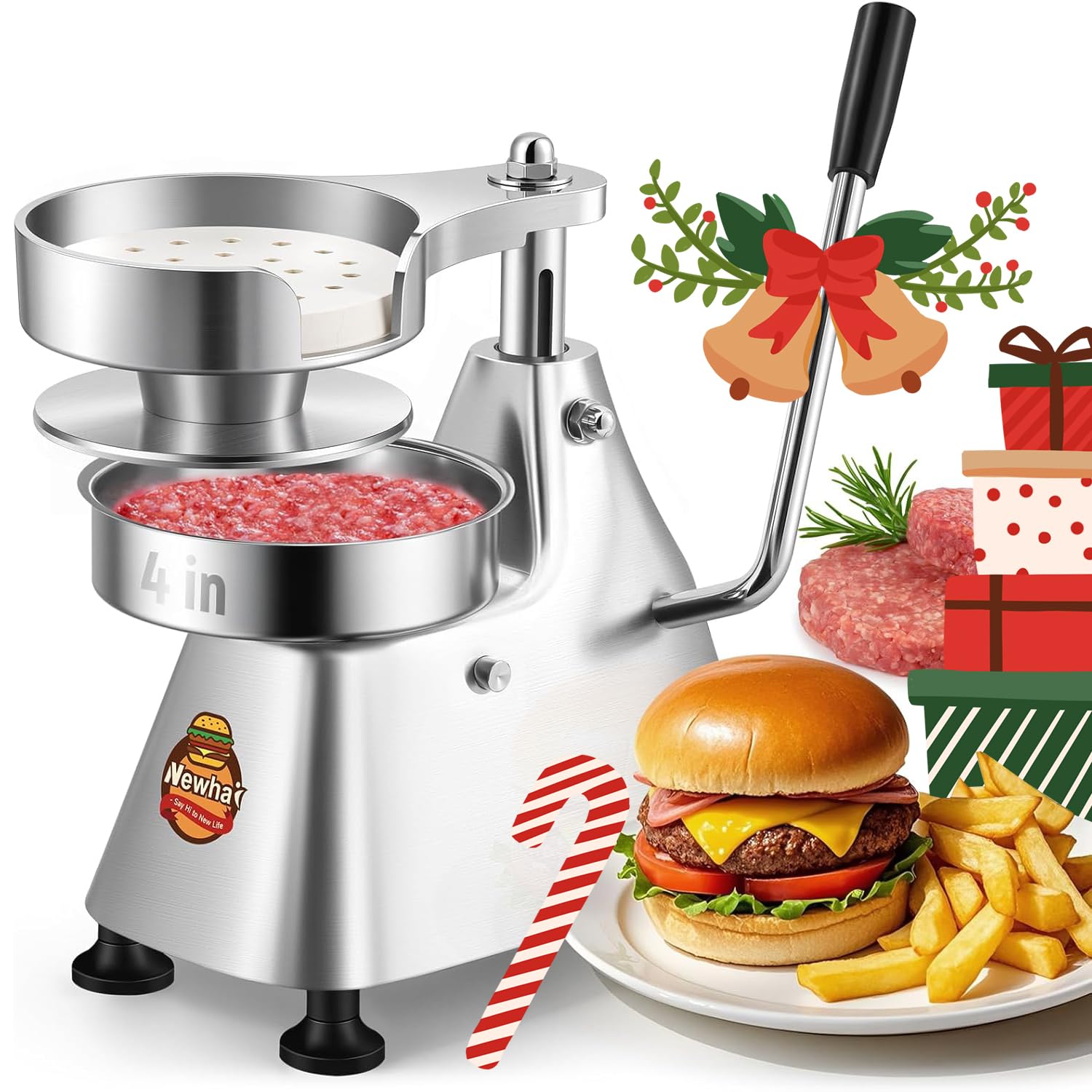 Photo 1 of Newhai 4-inch Commercial Burger Patty Maker 100mm Hamburger Press Patty Make Stainless Steel Burger Smasher Hamburger Forming Processor with 400 Pcs Patty Papers for Beef Pork Chicken Patty (4 inch)
