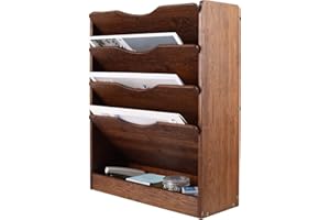 TQVAI Bamboo Wall File Organizer, 5 Tier Hanging File Holder, Wall Mount Mail Organizer, Office Supplies Storage Rack, Retro Brown