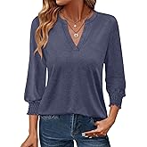 TICTICMIMI Women's V Neck 3/4 Sleeve T Shirts Dressy Summer Blouse Smocked Cuffs