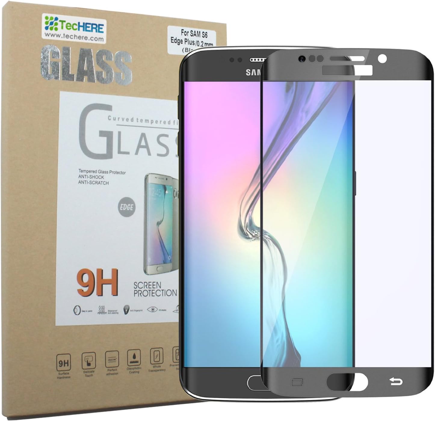 TecHERE GlassShield - Premium Tempered Glass Screen Protector for Samsung Galaxy S6 Edge Plus - High Quality and HD Crystal Clear - 0.2 mm Ultra Thin - Curved Full Screen film protection - 9H Hardness - Scratch proof, shatter proof and anti fingerprint - Black