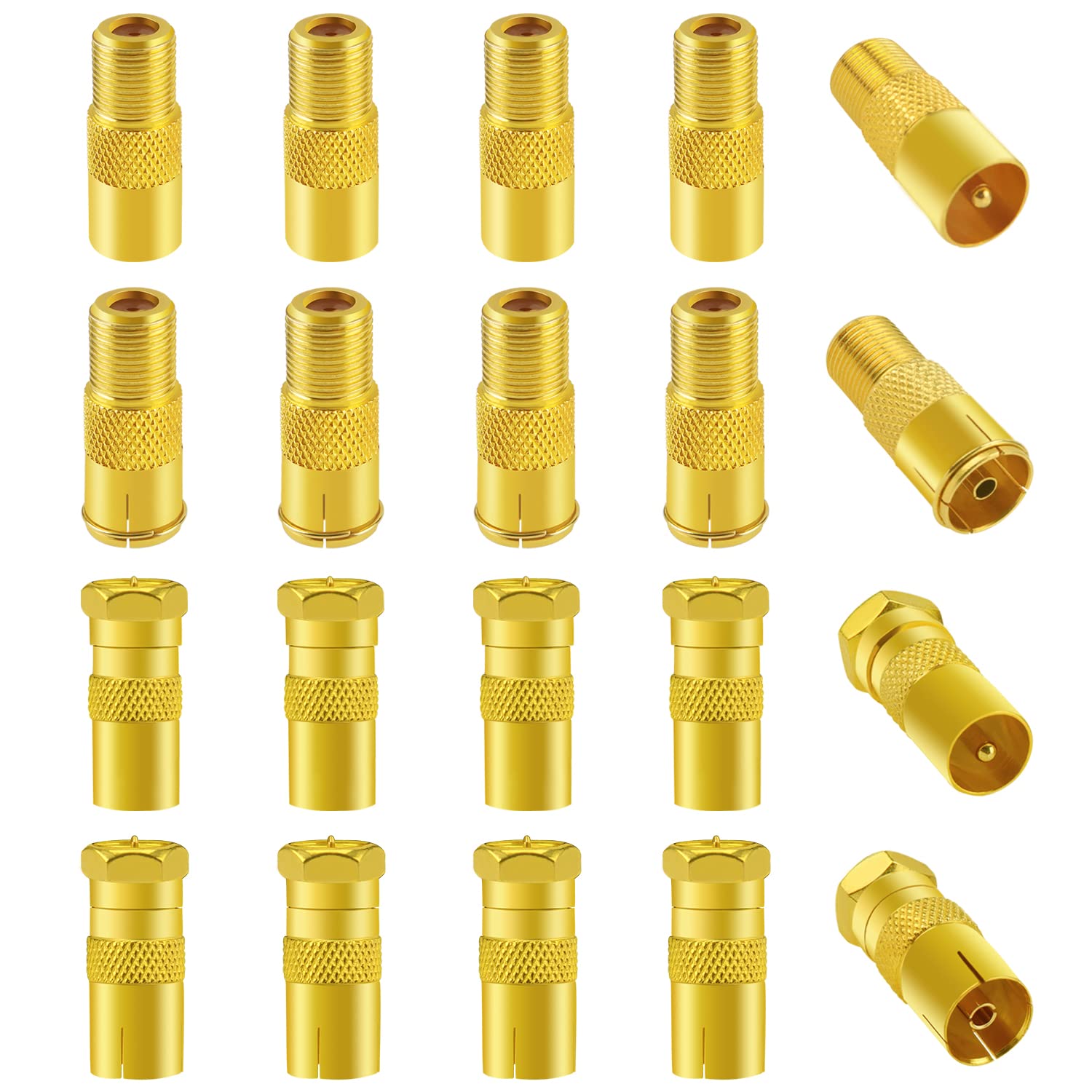 20 PCS F Male Female to RF Male Female Coaxial Aerial Adapter, KUOQIY TV 9.5 Male Female to F-Type Male Female Converter, F Type Screw Male Female Connector to RF Aerial Converter, Gold-Plated