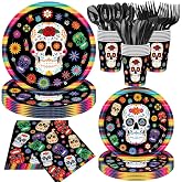 140Pcs, Day of the Dead Party Decorations Tableware Set Mexican Stripe Side Plate and Napkins Halloween Party Supplies Suger Skull Paper Plates Día de los Muertos Decorations, Serve for 20