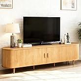 OneBlis 70" Mid Century Modern TV Stand, Wood TV Consoles with Sliding Doors and Power Outlet, Entertainment Center with Adjustable Shelves, Fluted TV Stands for Living Room, Oak