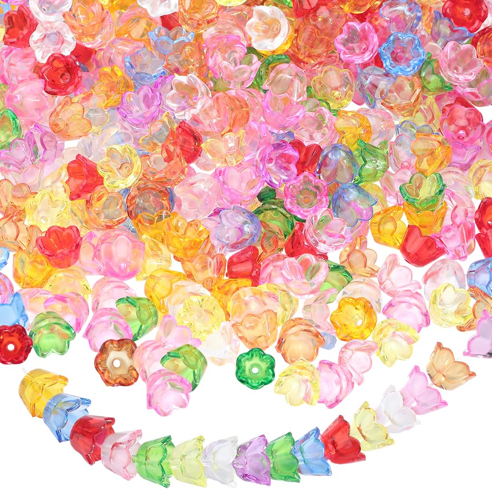 SOFPLATE 500Pcs Acrylic Flower Beads Flower Bead capss Colorful Tiny Transparent Bell Floral Tulip End capss Trumpet Flowers Spacer Beads for Jewellery Making Earrings Bracelets Women Adult DIY Crafts