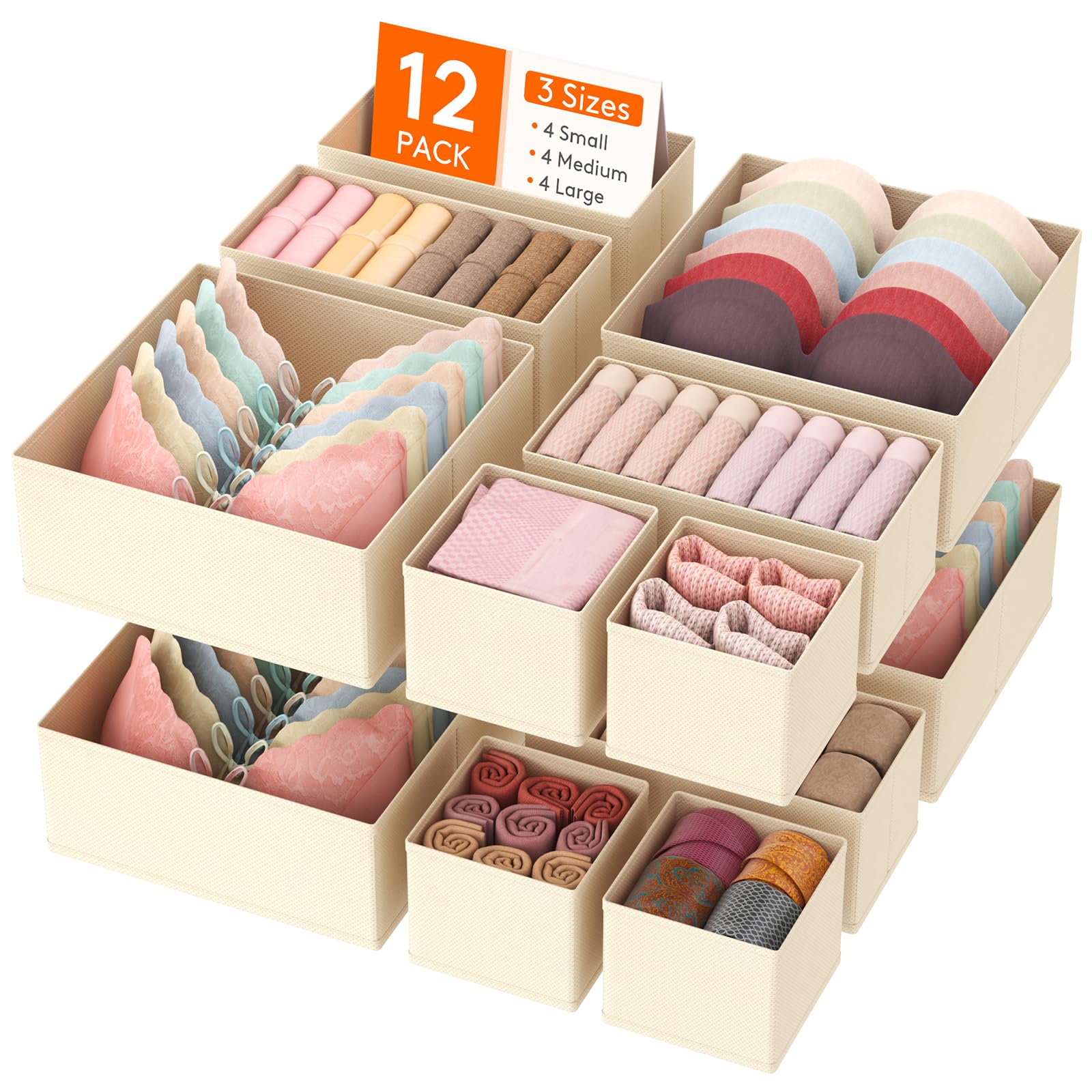 Lifewit 12 Pack Drawer Organiser, Collapisble Fabric Chest of Draw Dividers for Closet, Dresser, Nursery, Bedroom, Foldable Cube Boxes for Clothes, Pants, Underwear, Sock, Bras Organization, Khaki