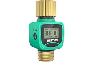 RESTMO Water Flow Meter with Brass Inlet & Outlet, Measure Gallon/Liter Consumption and Flow Rate for Outdoor Garden Hose Watering, RV Water Tank Filling, Lawn Sprinkler and Nozzle Sprayer