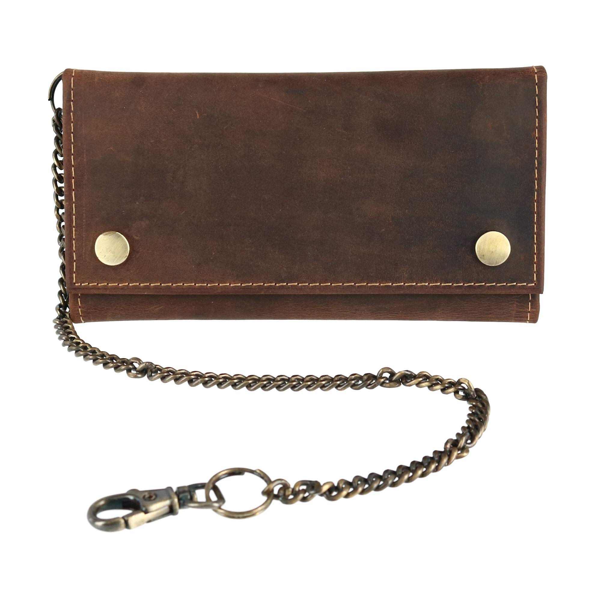 CTM Men's Hunter Leather Long Trifold Chain Wallet, Brown