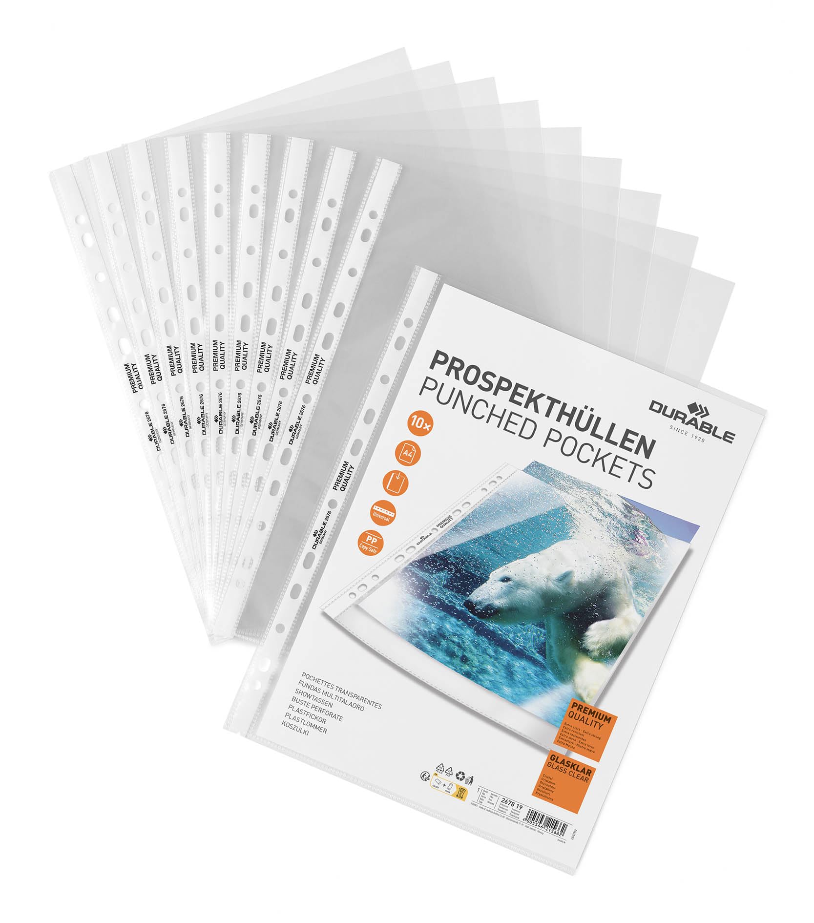 Durable 267819 Brochure Sleeves (DIN A4 Premium, 0.08 mm) 10-Piece, Crystal Clear