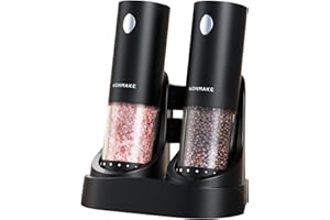 WONMAKE Electric Salt and Pepper Grinder Set - Automatic Refillable Salt and Pepper Grinders with Charging Base & LED Light, Adjustable Coarseness, One-handed Easy Operation, Ideal Kitchen Gadget