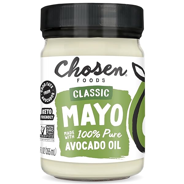 CHOSEN FOODS 100% AVOCADO OIL-BASED CLASSIC MAYONNAISE, GLUTEN & DAIRY FREE, LOW-CARB, KETO DIET FRIENDLY, MAYO FOR SANDWICHES, DRESSINGS AND SAUCES, MADE WITH CAGE FREE EGGS (12 FL OZ)