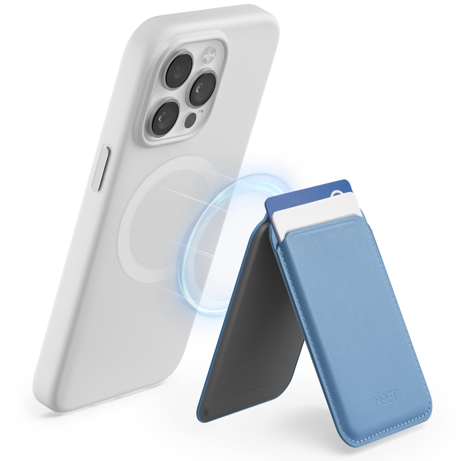 MOFT Card Holder for iPhone 16/15/14/13/12 Series, MagSafe Wallet Phone Stand Compatible with MagSafe, MOVAS Vegan Leather Magnetic Wallet with 2 Cards Holder (Windy Blue)