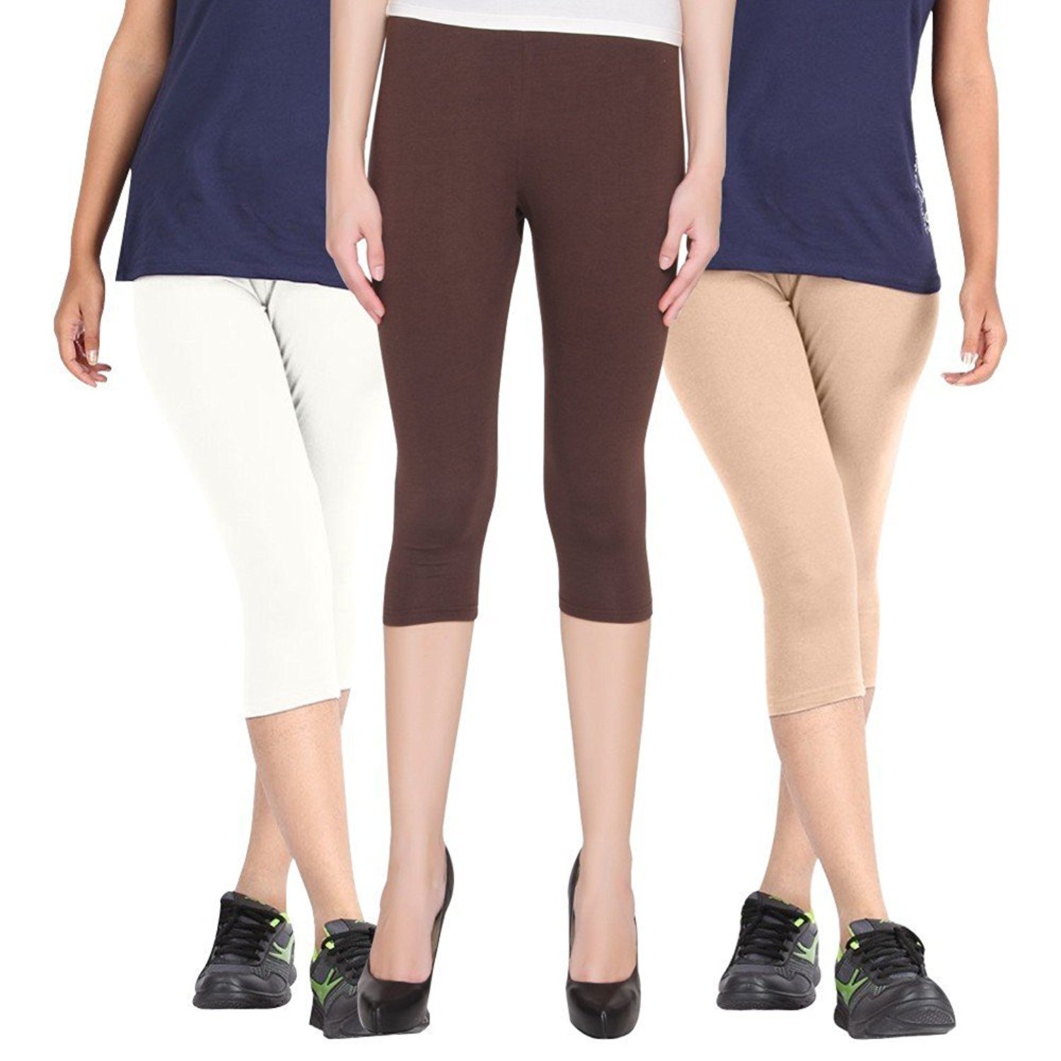 rooliums brand factory outlet bio-washed 220 gsm super fine cotton lycra women's capri leggings combo pack of 3 - free size