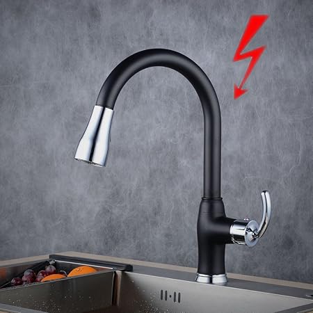 Niederdruck Ausziehbar Küchenarmatur 360° drehbar Wasserhahn mit Dual-Spülbrause und hohem Rundbogenauslauf, Schwarz?Beelee B