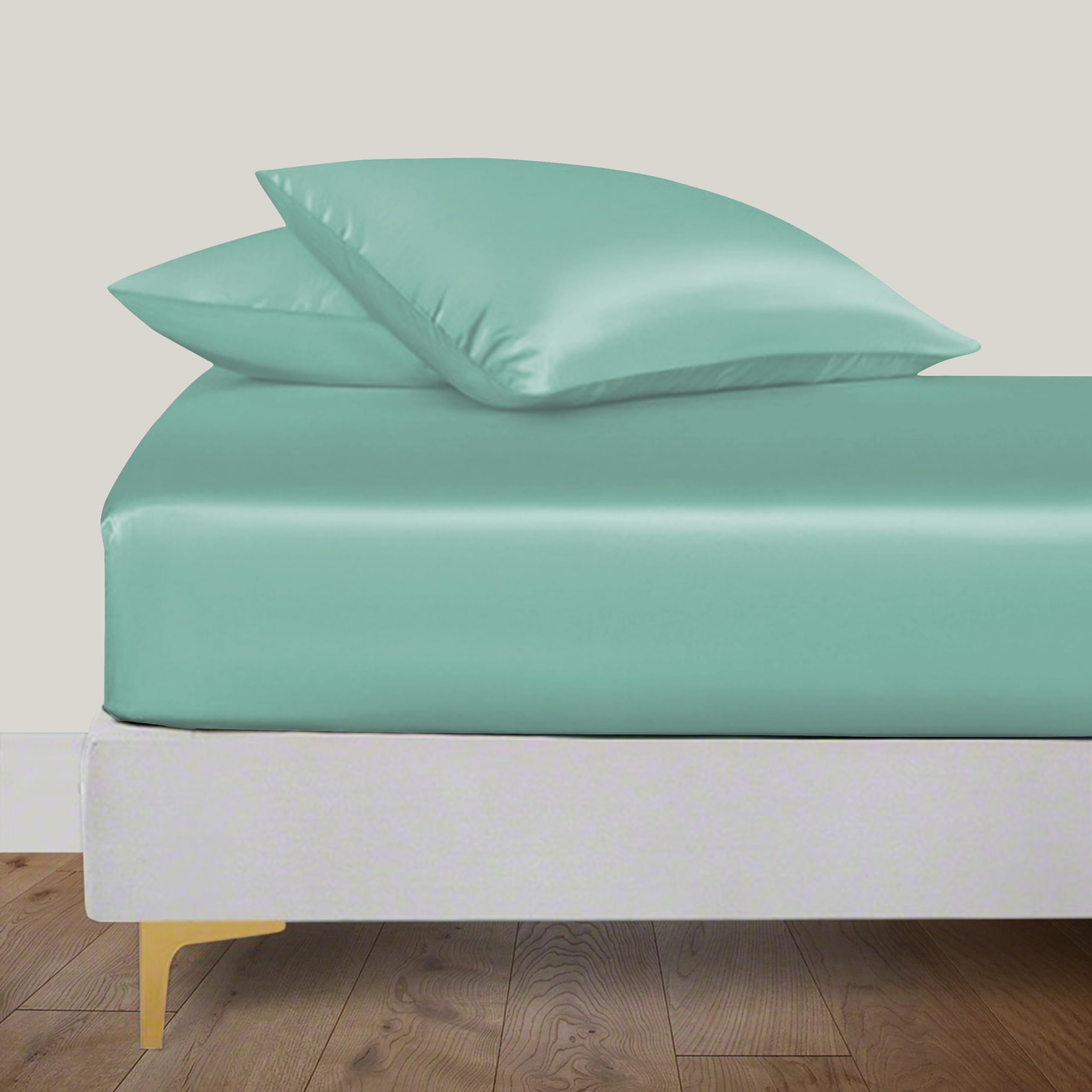 LINENWALAS Double Fitted Sheet 140x190 cm, 100% Organic Bamboo Silk Bed Sheet for Double Size Bed, Up to 40 cm Deep Pocket Bottom Sheet, Soft, Cooling Hypoallergenic Bedding (Aqua) — image 1