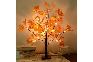 S-UNION Artificial Fall Lighted Maple Tree 24 LED Thanksgiving Decorations Table Lights Battery Operated for Wedding Party Gifts Indoor Outdoor Autumn Harvest Home Decor