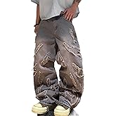 DFGIGT Men's Baggy Jeans Patchwork Embroidery Jeans Fringe Frayed Edges Wide Leg Denim Pants